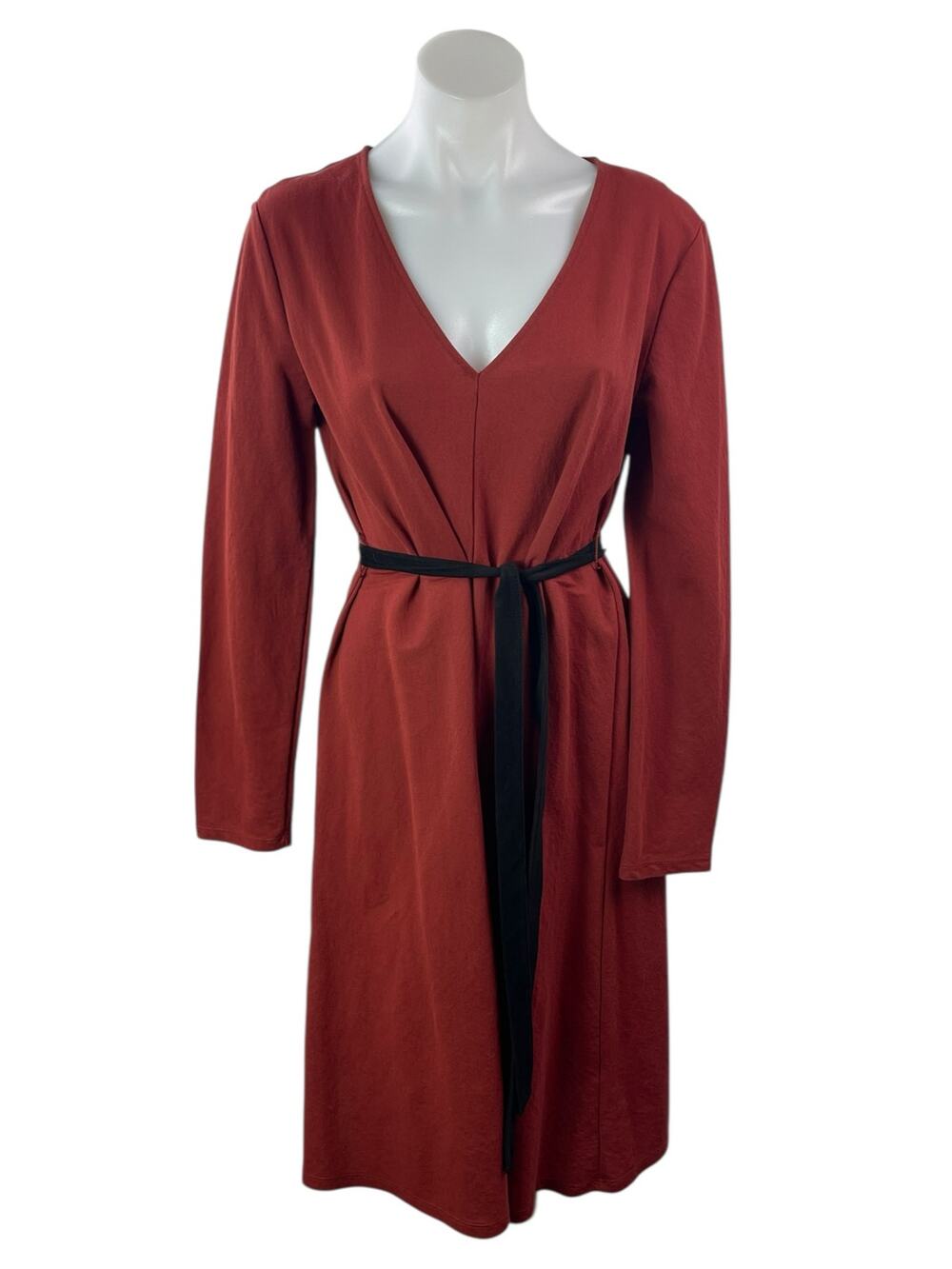 Zara Rust Orange Long Sleeve V Neck Belted Tie Waisted A Line Midi Dress Size M